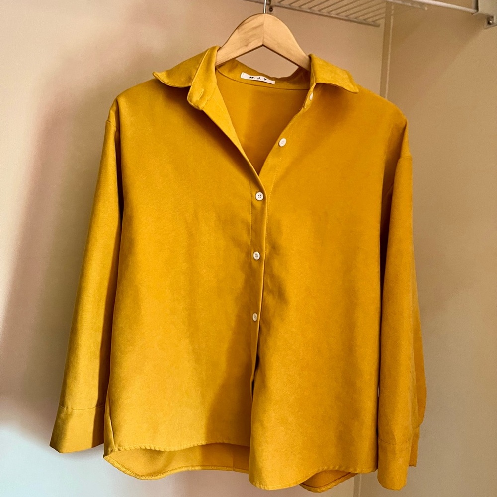 M.J.Y Mustard Yellow Button Front Blouse Collared Top XL Minimalist Lagenlook